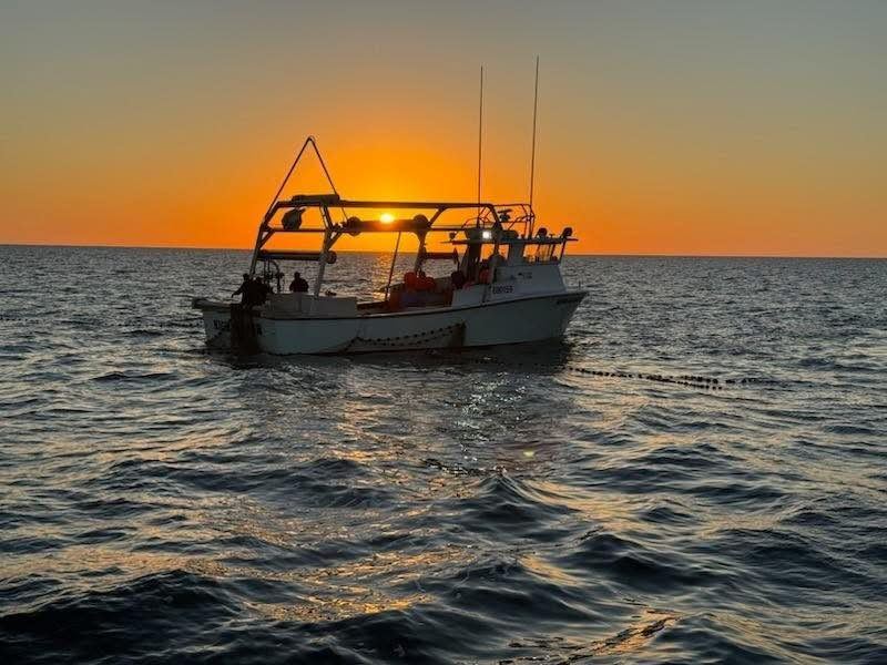 One of the family's commercial boats working at sunset