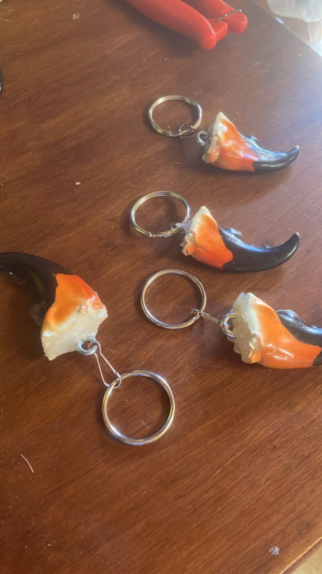Close up of finished stone crab claw keychains