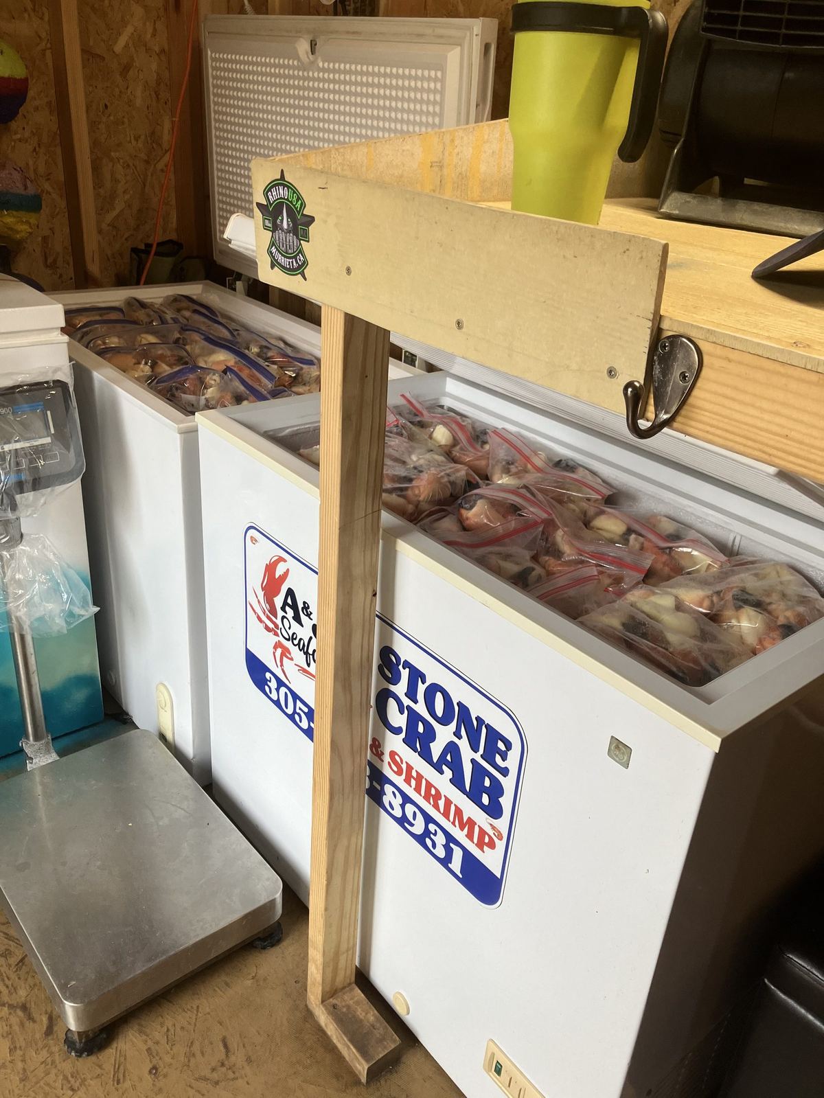 The A and J freezers stocked with stone crab and shrimp